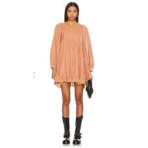 Free People Velvet Estella Babydoll Mini Dress in Rose Pearl V-Neck Ruffle